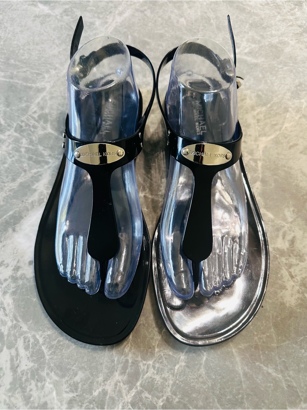 Michael Kors Women's MK Plate Jelly Thong Sandals Black Size 10 M